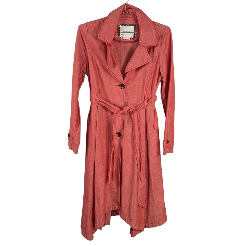 Anthropologie Trench Coat Womens Medium Coral Red Belted Cotton Linen Longline